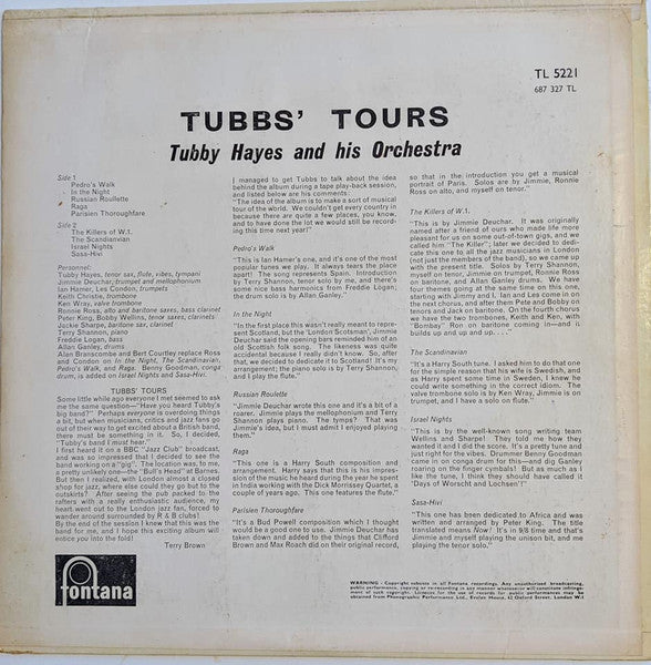 The Tubby Hayes Orchestra : Tubbs' Tours  (LP, Album, Mono)