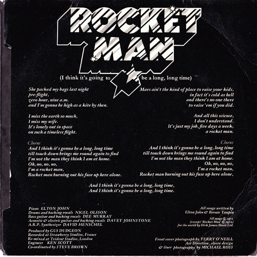 Elton John : Rocket Man (I Think It's Going To Be A Long Long Time) (7", Single, Gat)