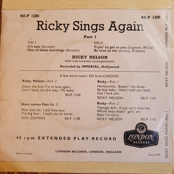 Ricky Nelson (2) : Ricky Sings Again - Part 1 (7", EP)