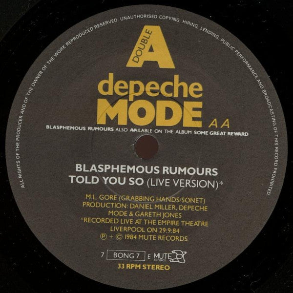 Depeche Mode : Blasphemous Rumours / Somebody (7", EP, Single)
