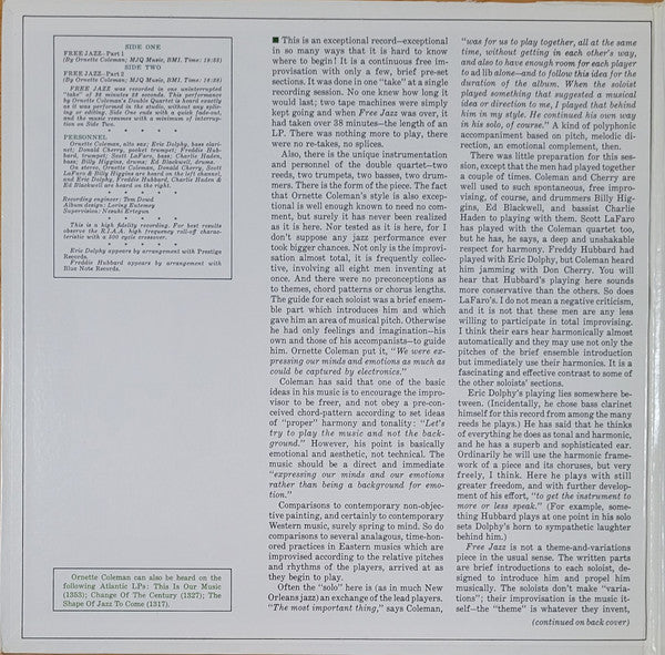 The Ornette Coleman Double Quartet : Free Jazz - A Collective Improvisation By (LP, Album, RE, Gat)