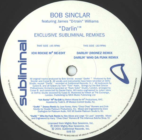 Bob Sinclar Featuring James "D-Train" Williams : Darlin' (Exclusive Subliminal Remixes) (12")