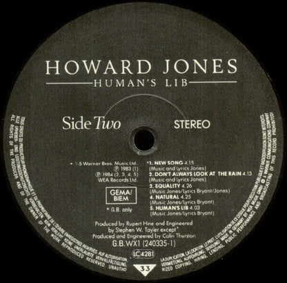 Howard Jones : Human's Lib (LP, Album, Bla)