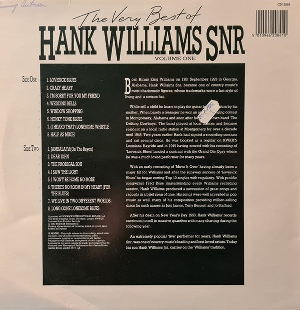 Hank Williams Snr* : The Very Best Of Hank Williams Snr Volume One (LP, Comp)