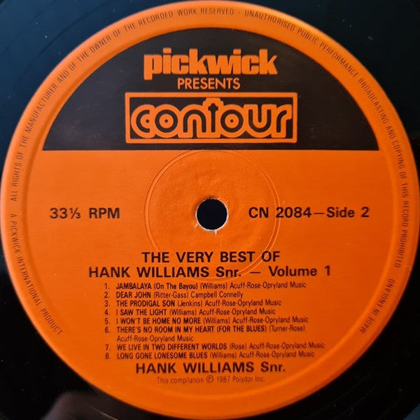 Hank Williams Snr* : The Very Best Of Hank Williams Snr Volume One (LP, Comp)
