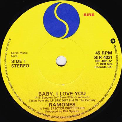 Ramones : Baby I Love You / High Risk Insurance (7", Single, Wes)
