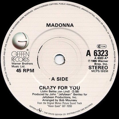Madonna : Crazy For You (7", Single, Whi)