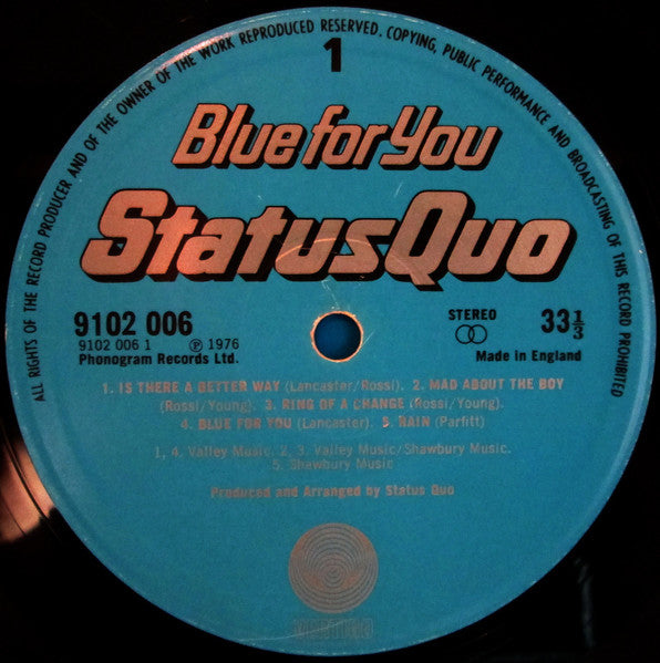 Status Quo : Blue For You (LP, Album, Gat)