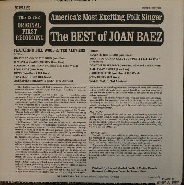 Joan Baez Featuring Bill Wood (5) & Ted Alevizos : The Best Of Joan Baez (LP, Album, RE)
