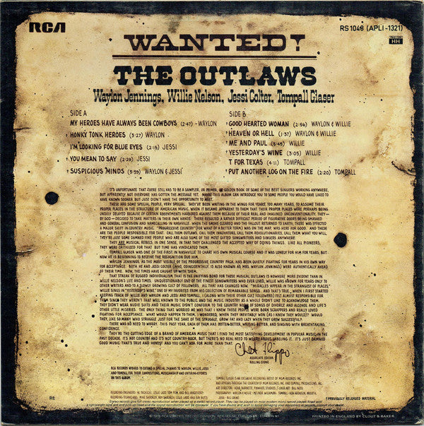 Waylon Jennings, Willie Nelson, Jessi Colter, Tompall Glaser : Wanted! The Outlaws (LP, Album, RE)