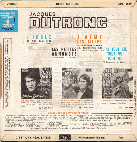 Jacques Dutronc : J'aime Les Filles (Si Vous Etes Comme Ça Téléphonez Moi) (7", EP)