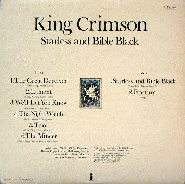 King Crimson : Starless And Bible Black (LP, Album, Gat)