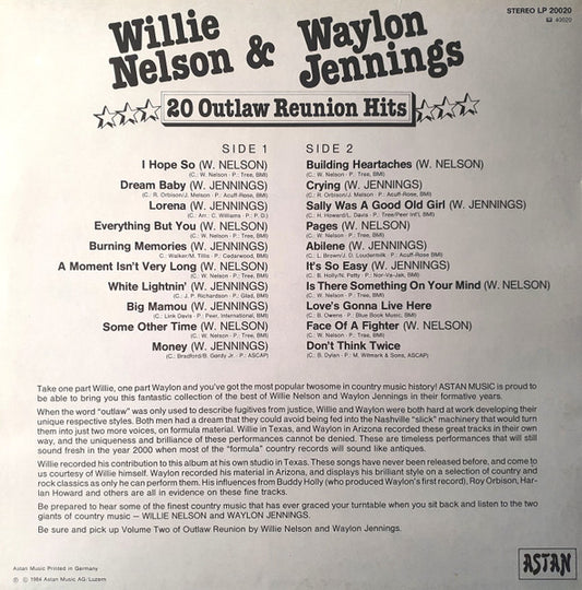 Waylon Jennings & Willie Nelson : 20 Outlaw Reunion Hits (LP, Album, Comp)
