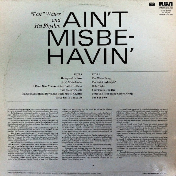 "Fats" Waller And His Rhythm* : Ain't Misbe-havin' (LP, Comp, RE)