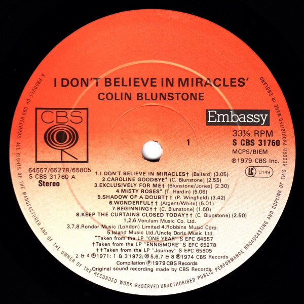 Colin Blunstone : I Don't Believe In Miracles (LP, Album, Comp)
