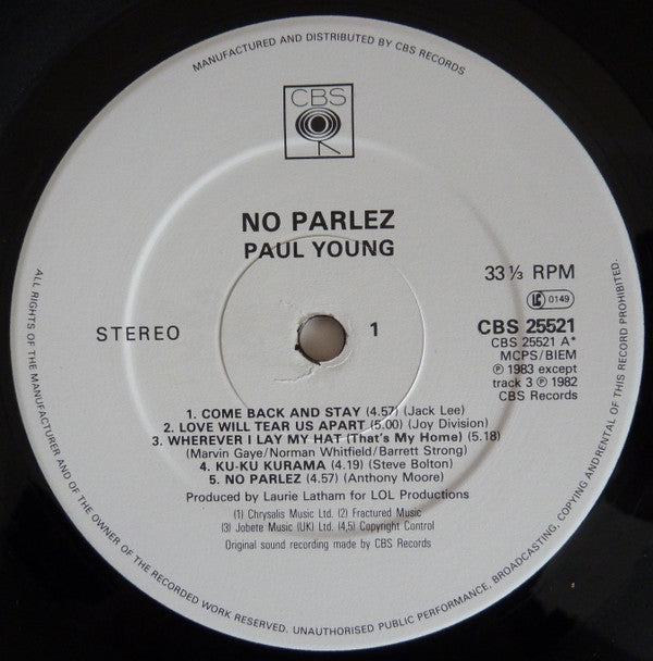 Paul Young : No Parlez (LP, Album, Whi)