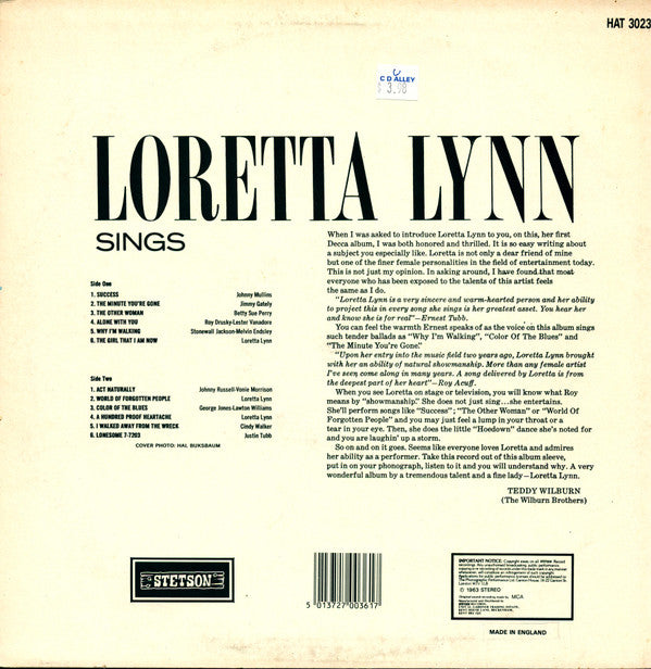 Loretta Lynn : Loretta Lynn Sings (LP, Album, RE)