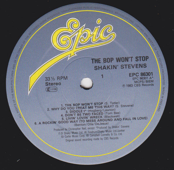 Shakin' Stevens : The Bop Won't Stop (LP, Album)