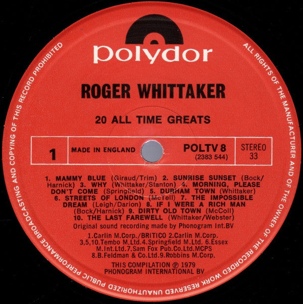 Roger Whittaker : 20 All Time Greats (LP, Comp)