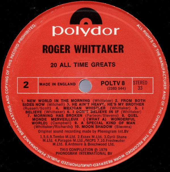 Roger Whittaker : 20 All Time Greats (LP, Comp)