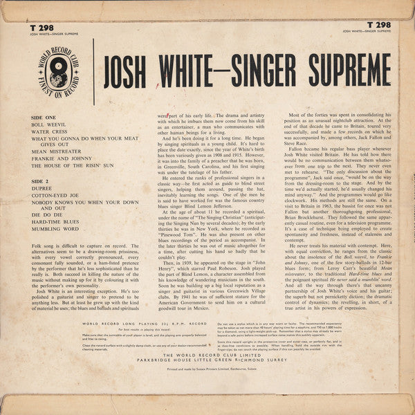 Josh White : Singer Supreme (LP)