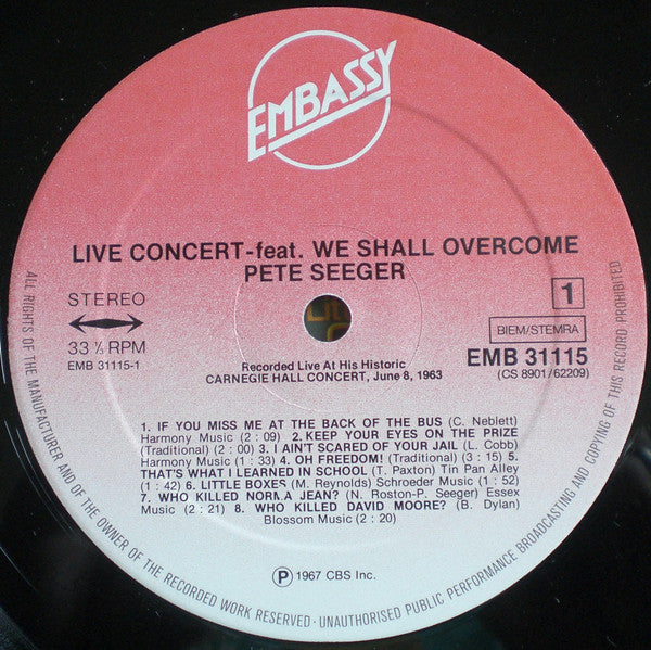 Pete Seeger : Live Concert (LP, Whi)