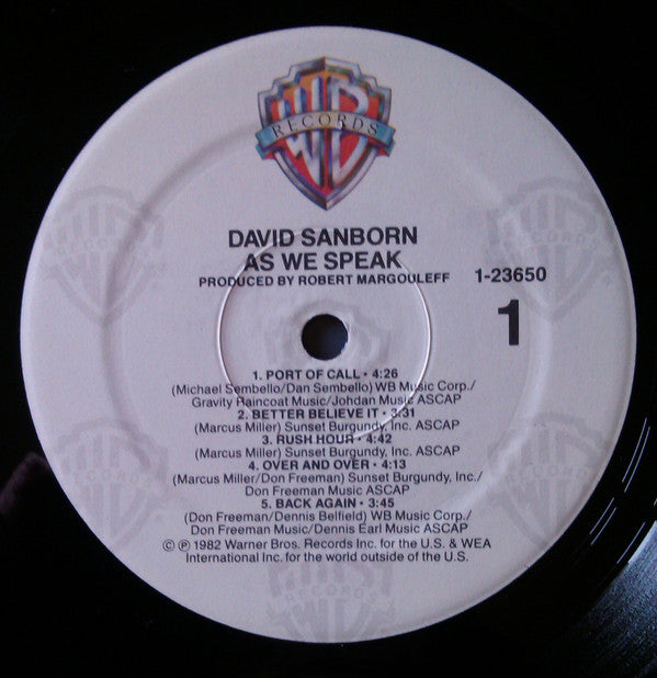 David Sanborn : As We Speak (LP, Album, RE, Win)