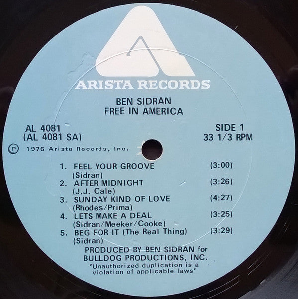 Ben Sidran : Free In America (LP, Album, Pet)